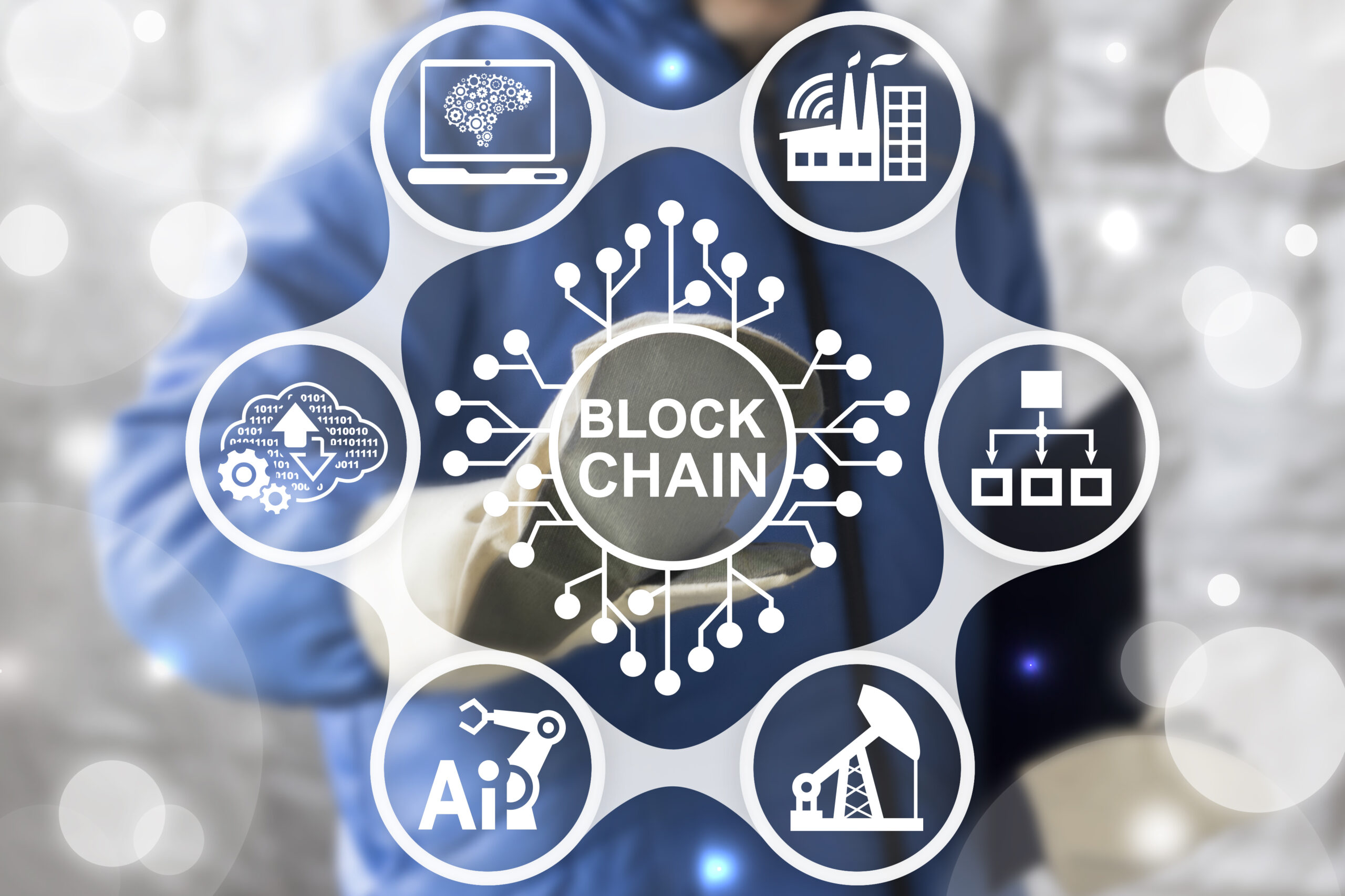 Blockchain concept depicted with icons representing AI, manufacturing, and energy sectors, emphasizing its applications in technology and industry.
